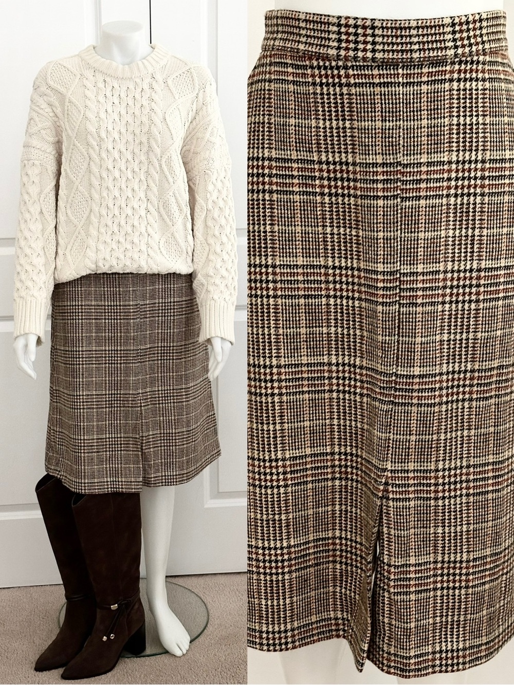 Vintage 1970s Wool Glen Plaid Union Made in USA A-line Midi Skirt -Fall Heritage